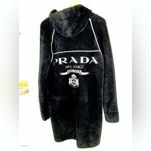 ‼️ SOLD ‼️ Designer winter coat w/back logo. Knee length w/ hat attached.